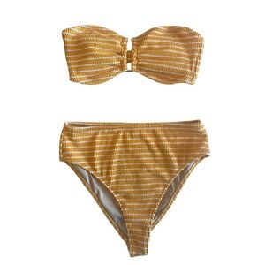 Yellow White Striped Textured Bandeau High Waist Bikini Set M Retro Fun